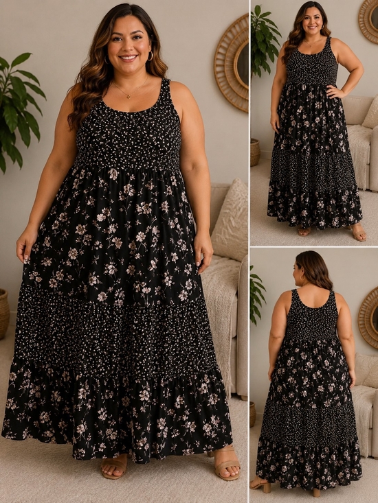 Source Unknown Dresses & Skirts - Source Unknown Black Floral Tiered Scoop-Neck Maxi Dress